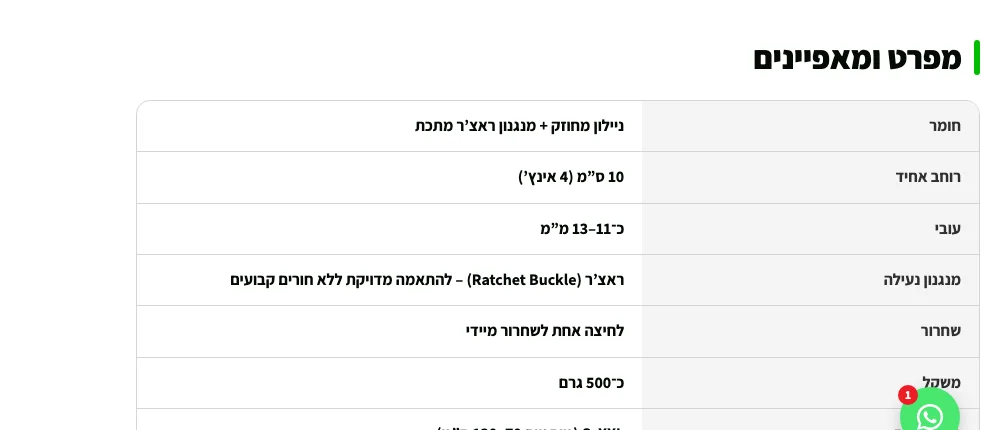 טבלת מפרט בעמוד המוצר
